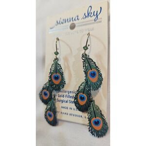 Sienna Sky Peacock Feather Earrings Green Tiered Triple Drop Metallic New Trendy
